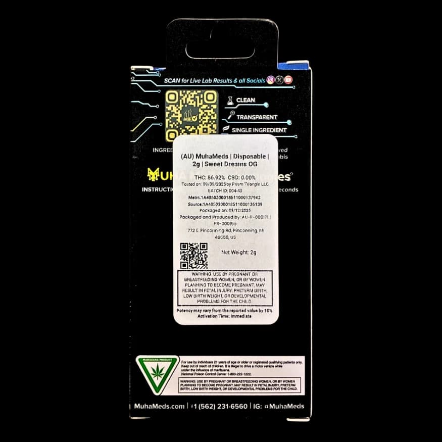 Back of a Muha Meds Sweet Dreams OG 2g disposable box showing a QR code for live lab results, batch and Metrc details, net weight, and required health warnings