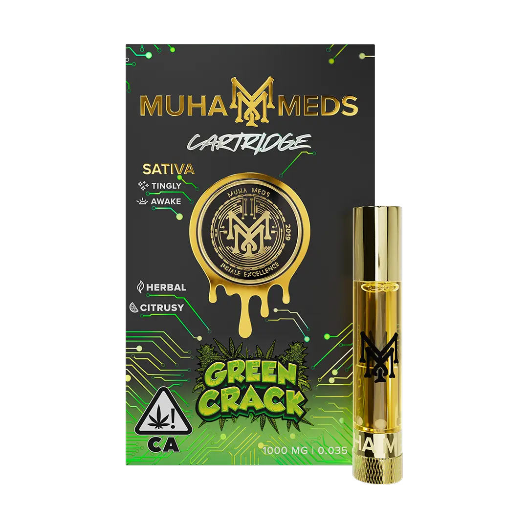 Muha Meds Green Crack disposable vape pen featuring sativa effects