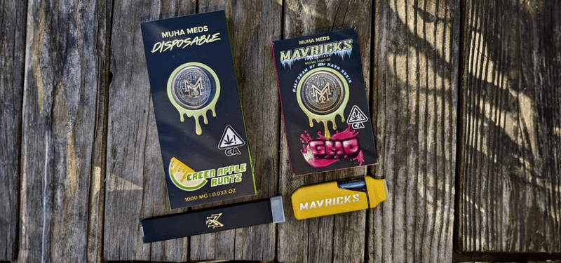 Muha Meds disposable and Mavericks packaging